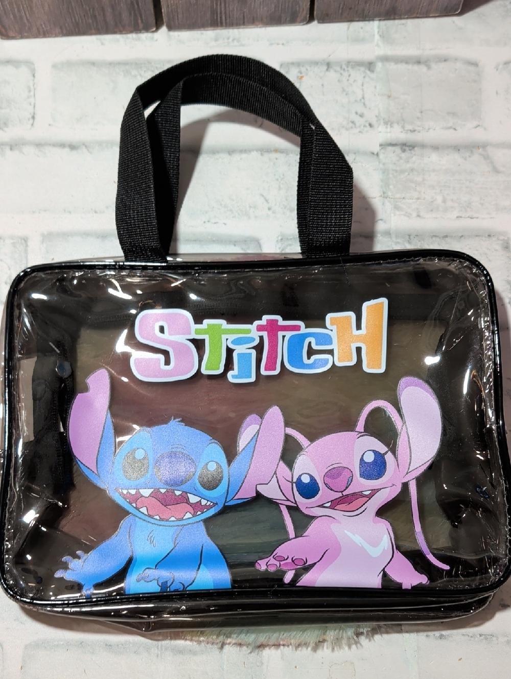 Stitch Black Vinyl Tote Bag with Blue & Pink Characters